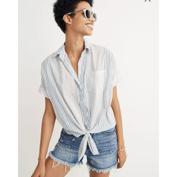 Madewell Tops - Madewell Short-Sleeve Tie-Front Slouchy Shirt in Rawley Stripe Size L